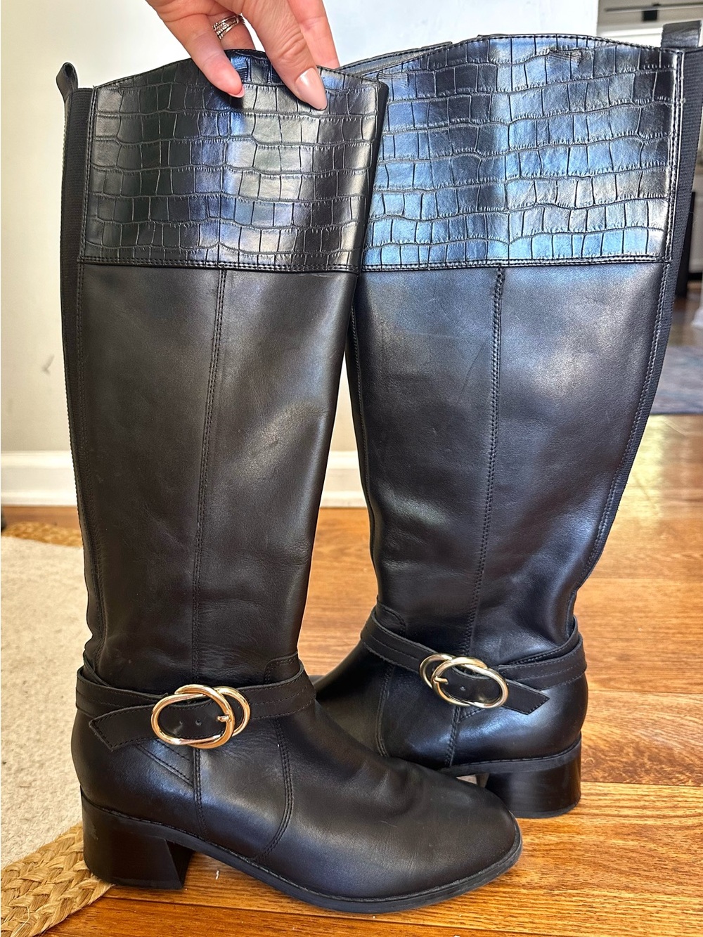 Marc Fisher tall black boots with crocodile embossed panel